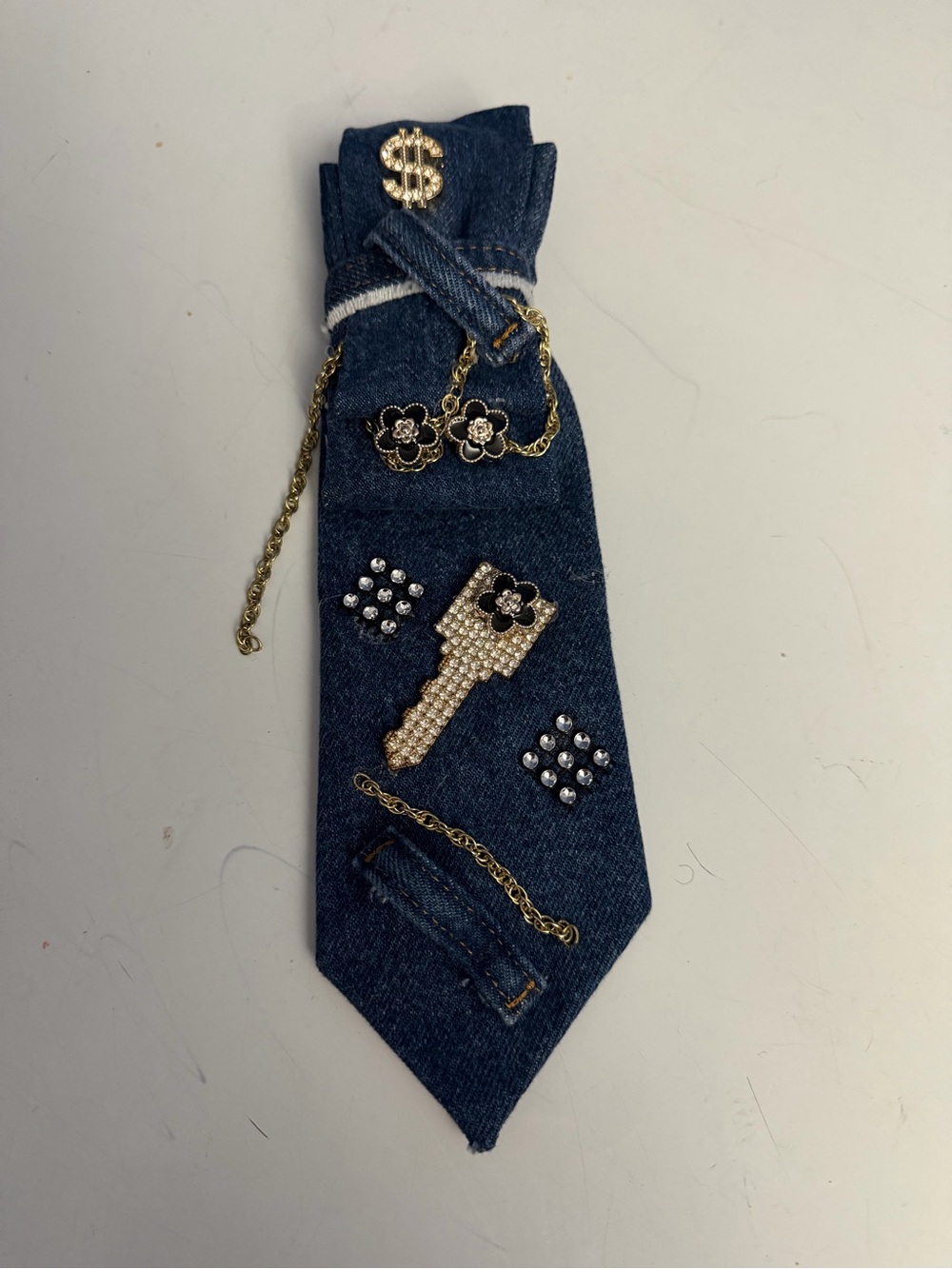 Handmade Embellished Denim Scarf Tie in Navy with Gold Accents